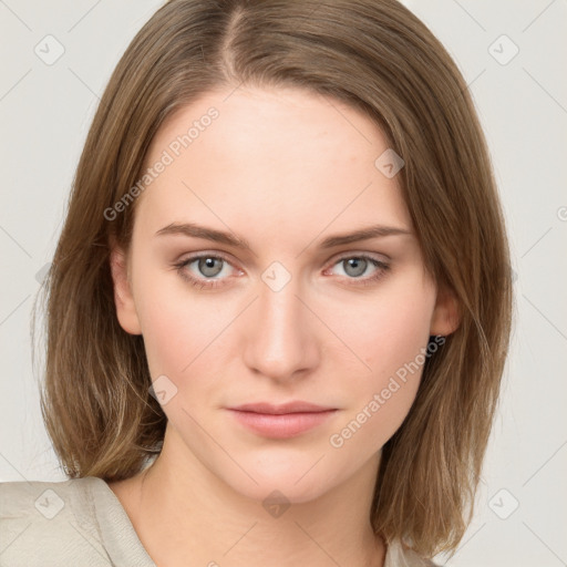 Neutral white young-adult female with medium  brown hair and grey eyes