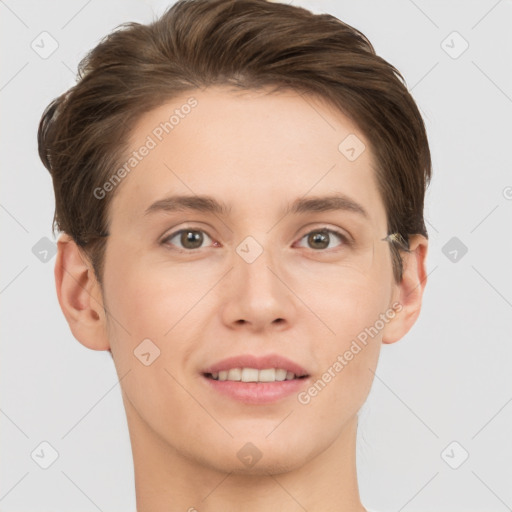 Joyful white young-adult female with short  brown hair and grey eyes