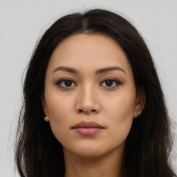 Neutral asian young-adult female with long  brown hair and brown eyes