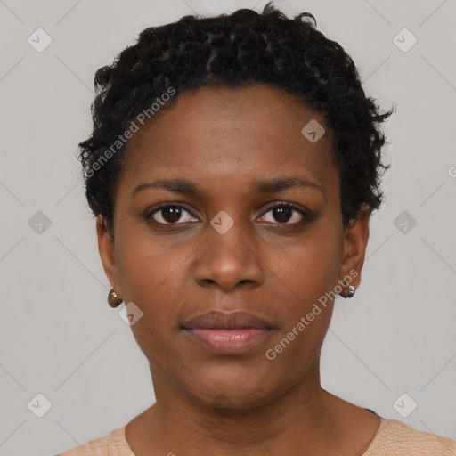 Neutral black young-adult female with short  black hair and brown eyes