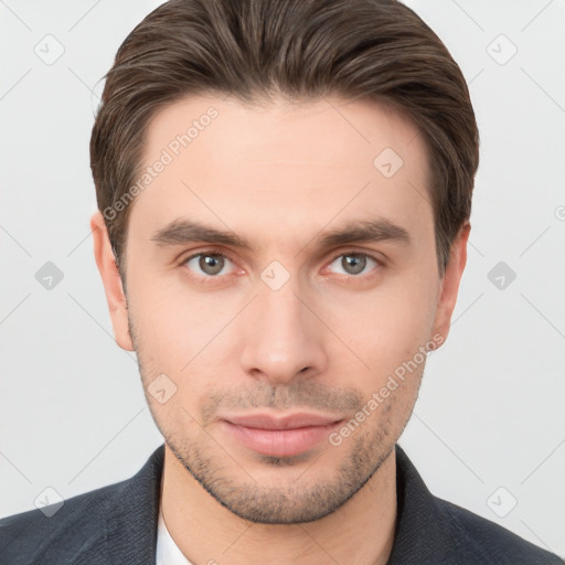 Neutral white young-adult male with short  brown hair and brown eyes