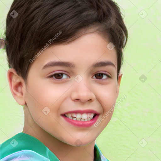 Joyful white child female with short  brown hair and brown eyes