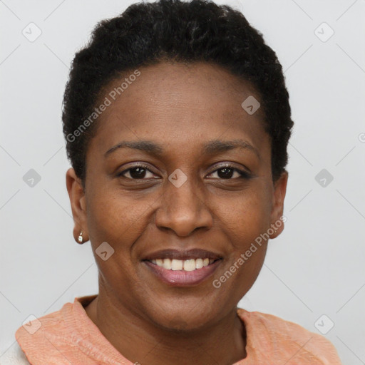 Joyful black young-adult female with short  brown hair and brown eyes