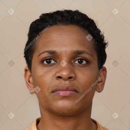 Neutral black young-adult female with short  brown hair and brown eyes