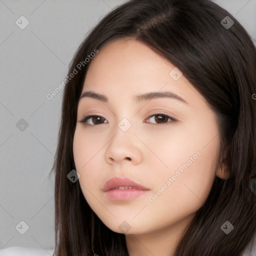 Neutral white young-adult female with long  brown hair and brown eyes