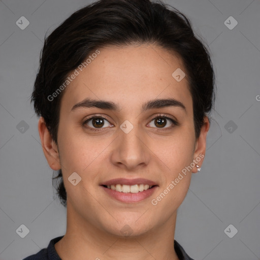 Joyful white young-adult female with short  brown hair and brown eyes