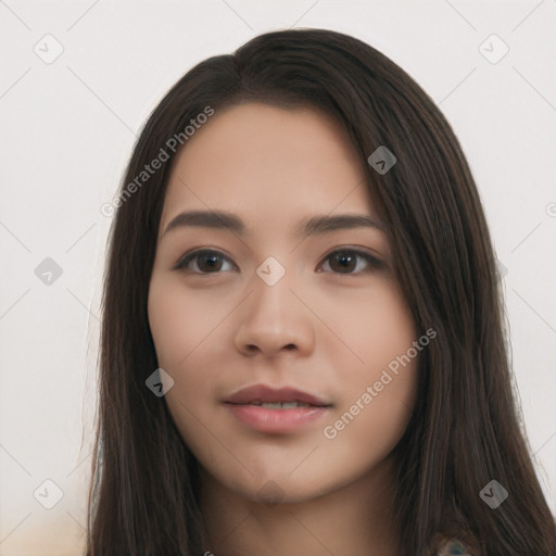 Neutral asian young-adult female with long  black hair and brown eyes