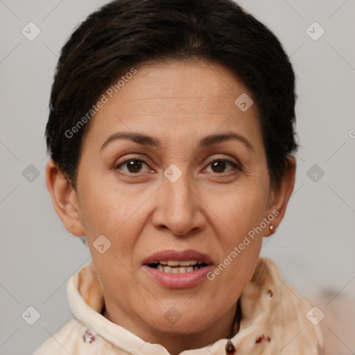 Joyful white adult female with short  brown hair and brown eyes