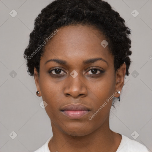 Neutral black young-adult female with short  black hair and brown eyes