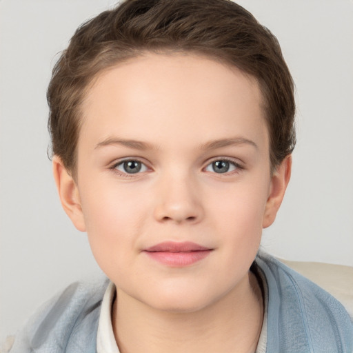 Joyful white child female with short  brown hair and brown eyes