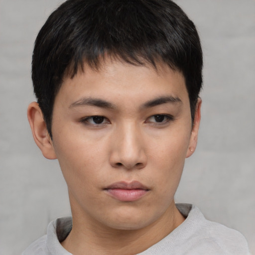 Neutral asian young-adult male with short  brown hair and brown eyes