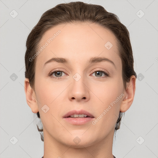 Neutral white young-adult female with short  brown hair and brown eyes