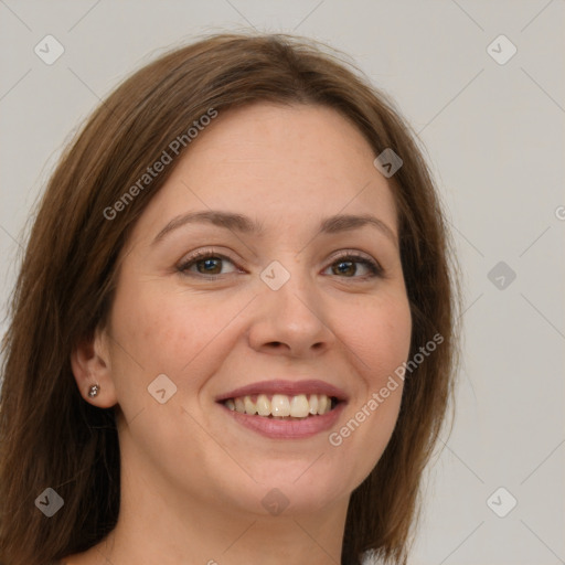 Joyful white young-adult female with medium  brown hair and grey eyes