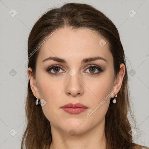 Neutral white young-adult female with long  brown hair and brown eyes