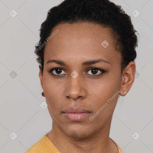 Neutral black young-adult female with short  brown hair and brown eyes