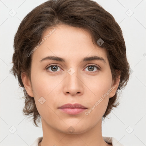 Neutral white young-adult female with medium  brown hair and brown eyes