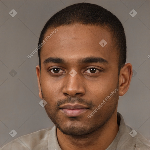 Neutral black young-adult male with short  black hair and brown eyes
