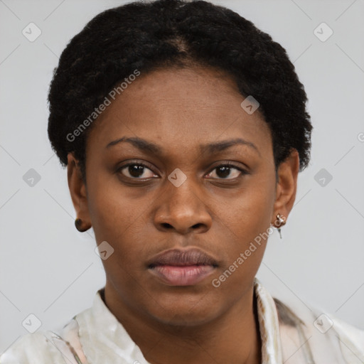 Neutral black young-adult female with short  black hair and brown eyes