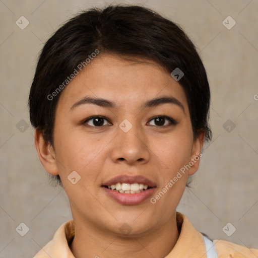 Joyful asian young-adult female with short  brown hair and brown eyes