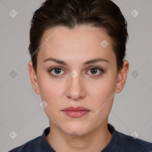 Neutral white young-adult female with short  brown hair and brown eyes