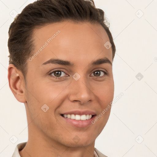 Joyful white young-adult female with short  brown hair and brown eyes