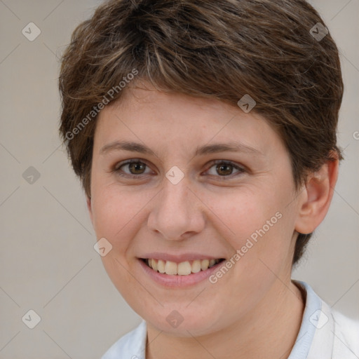 Joyful white young-adult female with short  brown hair and brown eyes