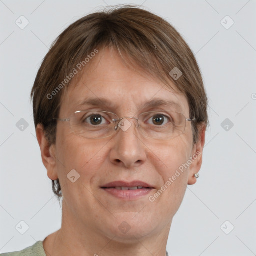 Joyful white adult female with short  brown hair and brown eyes