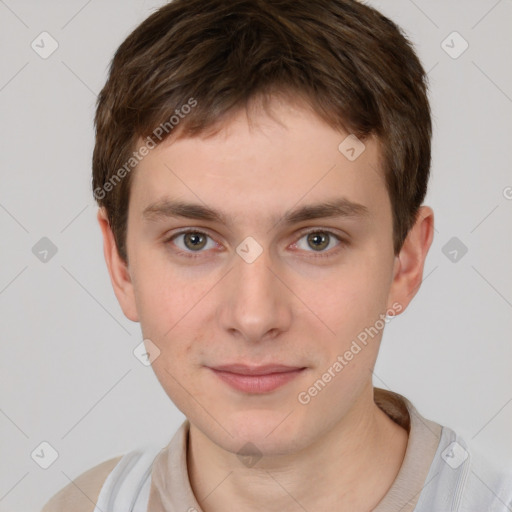 Neutral white young-adult male with short  brown hair and brown eyes