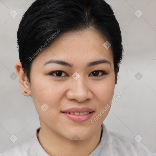 Joyful asian young-adult female with short  brown hair and brown eyes