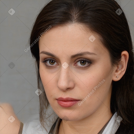 Neutral white young-adult female with long  brown hair and brown eyes