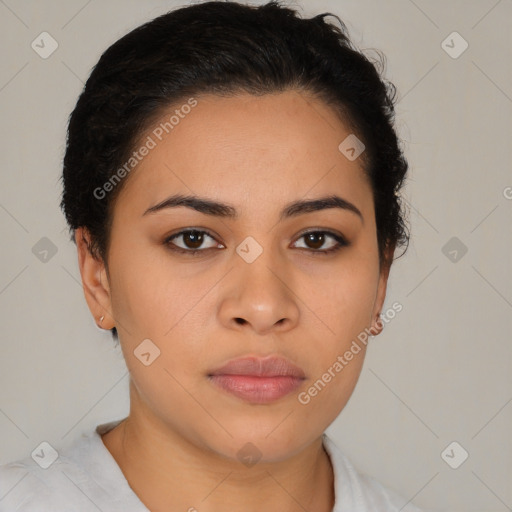 Neutral latino young-adult female with short  brown hair and brown eyes