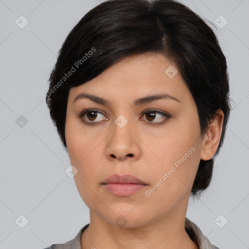 Neutral asian young-adult female with medium  black hair and brown eyes