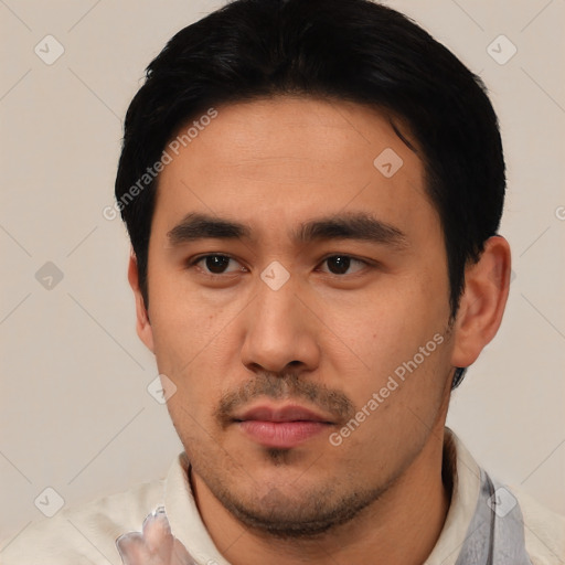 Neutral asian young-adult male with short  black hair and brown eyes