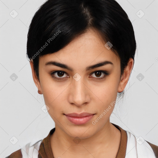 Neutral latino young-adult female with medium  brown hair and brown eyes