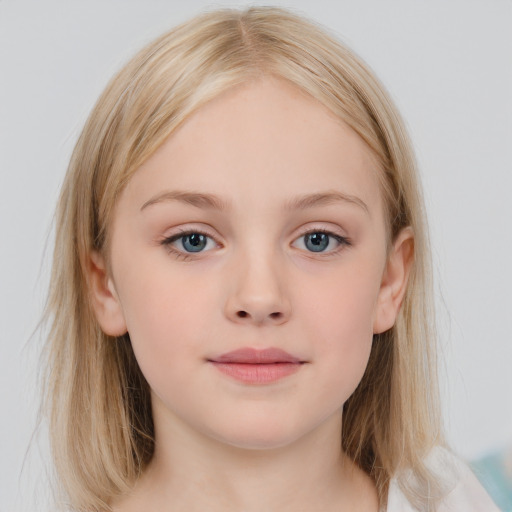 Neutral white child female with medium  brown hair and grey eyes