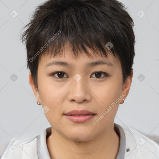 Neutral asian young-adult female with short  brown hair and brown eyes