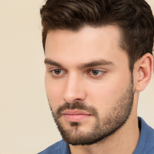 Neutral white young-adult male with short  brown hair and brown eyes