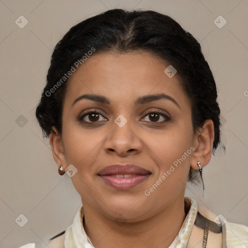 Joyful latino young-adult female with short  brown hair and brown eyes