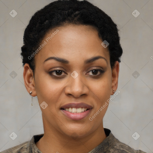 Joyful black young-adult female with short  black hair and brown eyes