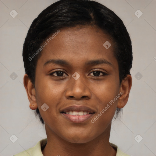 Joyful latino young-adult female with short  brown hair and brown eyes