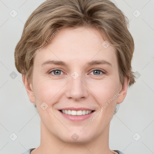 Joyful white young-adult female with short  brown hair and grey eyes