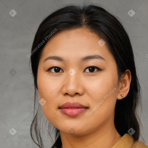 Joyful asian young-adult female with medium  brown hair and brown eyes