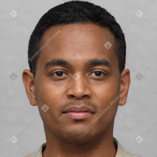 Neutral black young-adult male with short  black hair and brown eyes