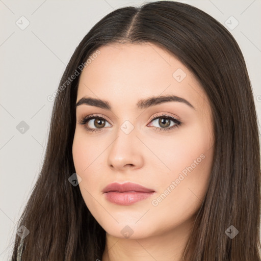 Neutral white young-adult female with long  brown hair and brown eyes