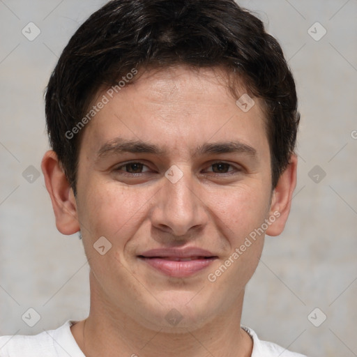 Joyful white young-adult male with short  brown hair and brown eyes