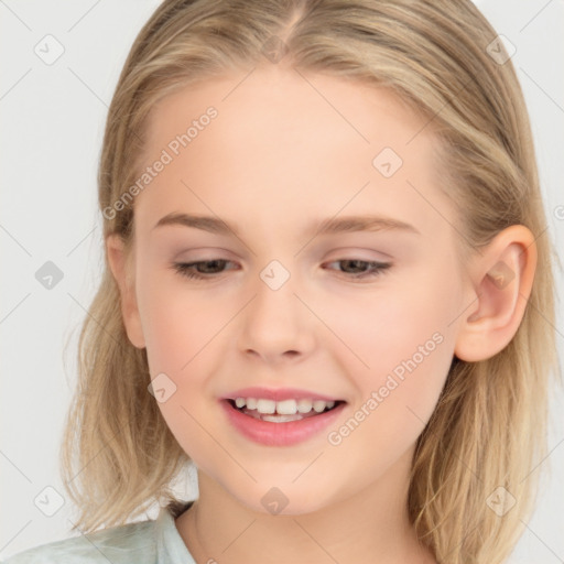 Joyful white child female with medium  brown hair and brown eyes