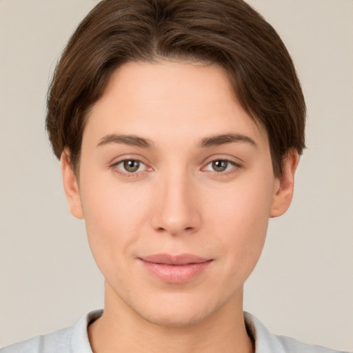 Neutral white young-adult female with short  brown hair and brown eyes