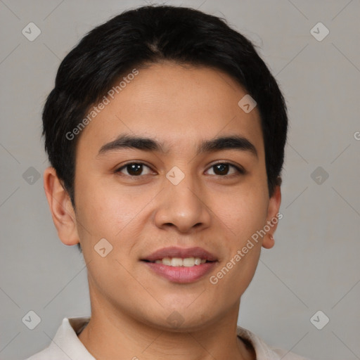 Joyful asian young-adult male with short  brown hair and brown eyes