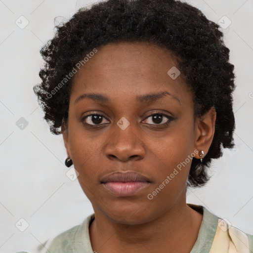 Neutral black young-adult female with short  black hair and brown eyes