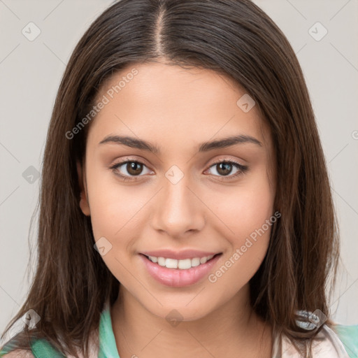 Joyful white young-adult female with medium  brown hair and brown eyes